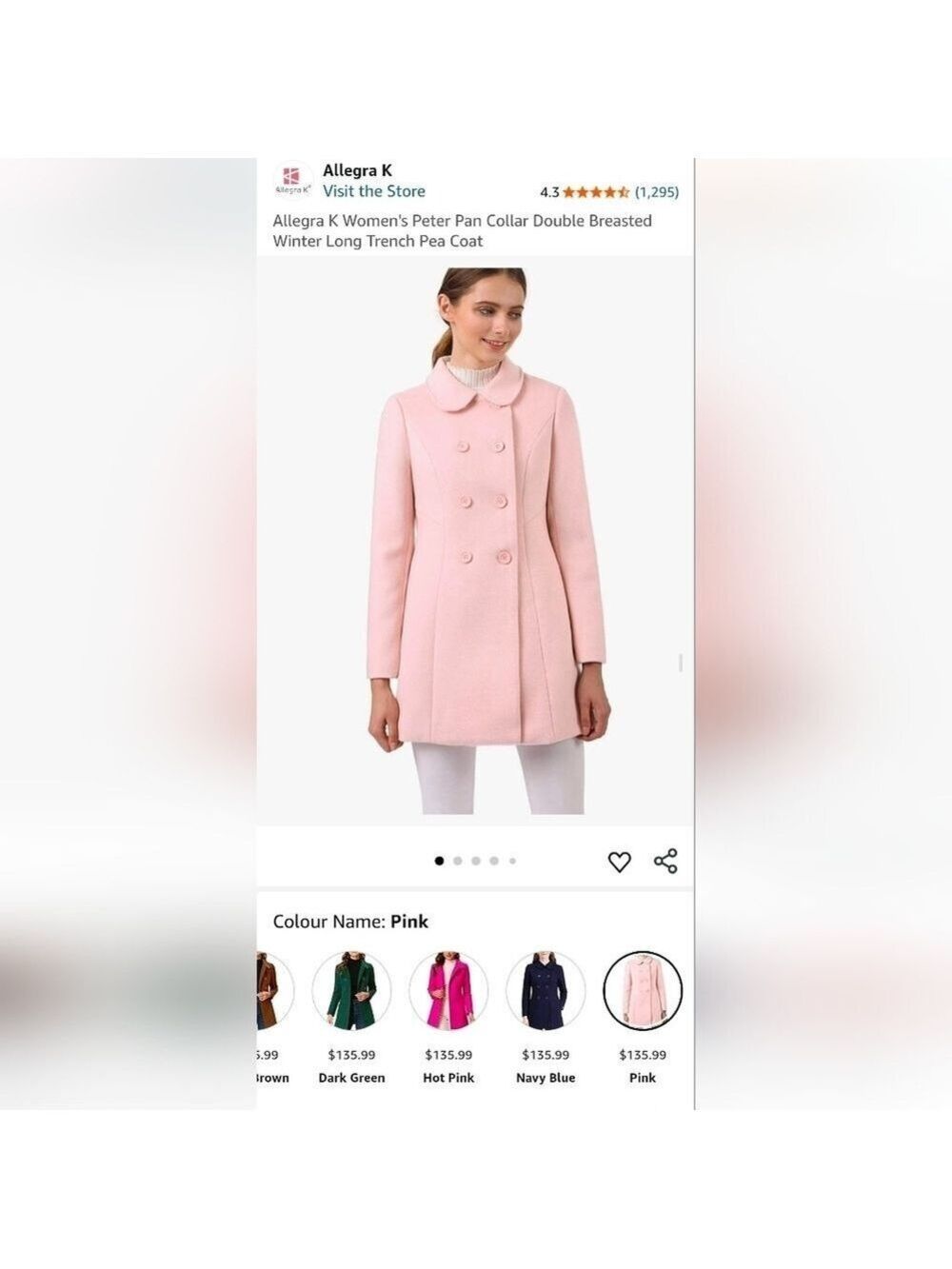 AllegraK Pink Peter Pan Collar Double Breasted Winter Long Trench Pea Coat NWT S